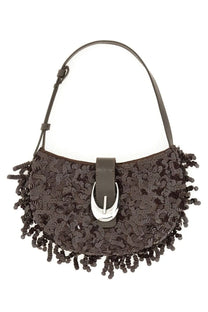 Staud women’s bag Alana brown black sequined handbag with silver buckle and dangling beaded fringe