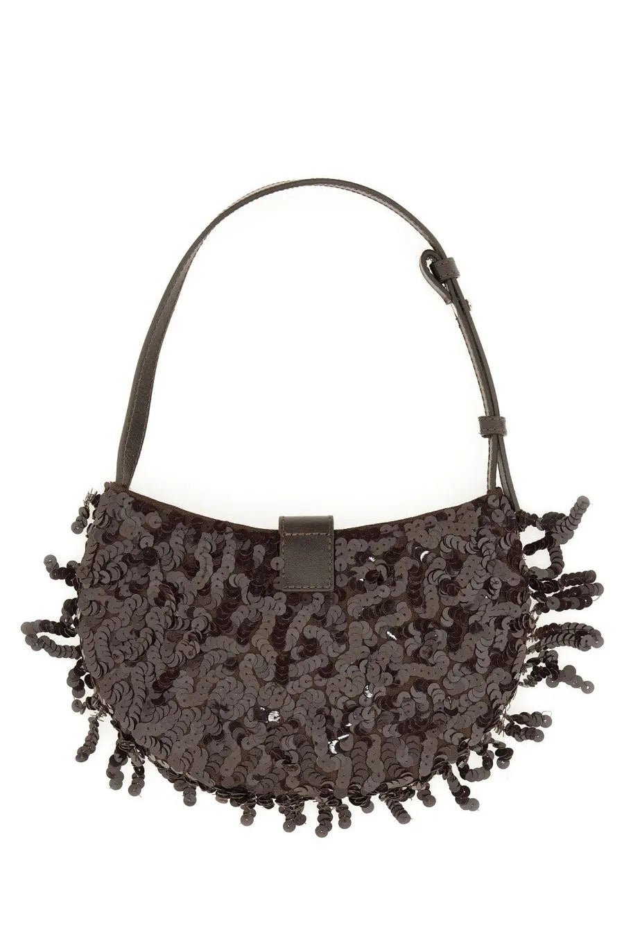 Black sequined shoulder bag with fringe detailing from Staud womens bag Alana Brown collection