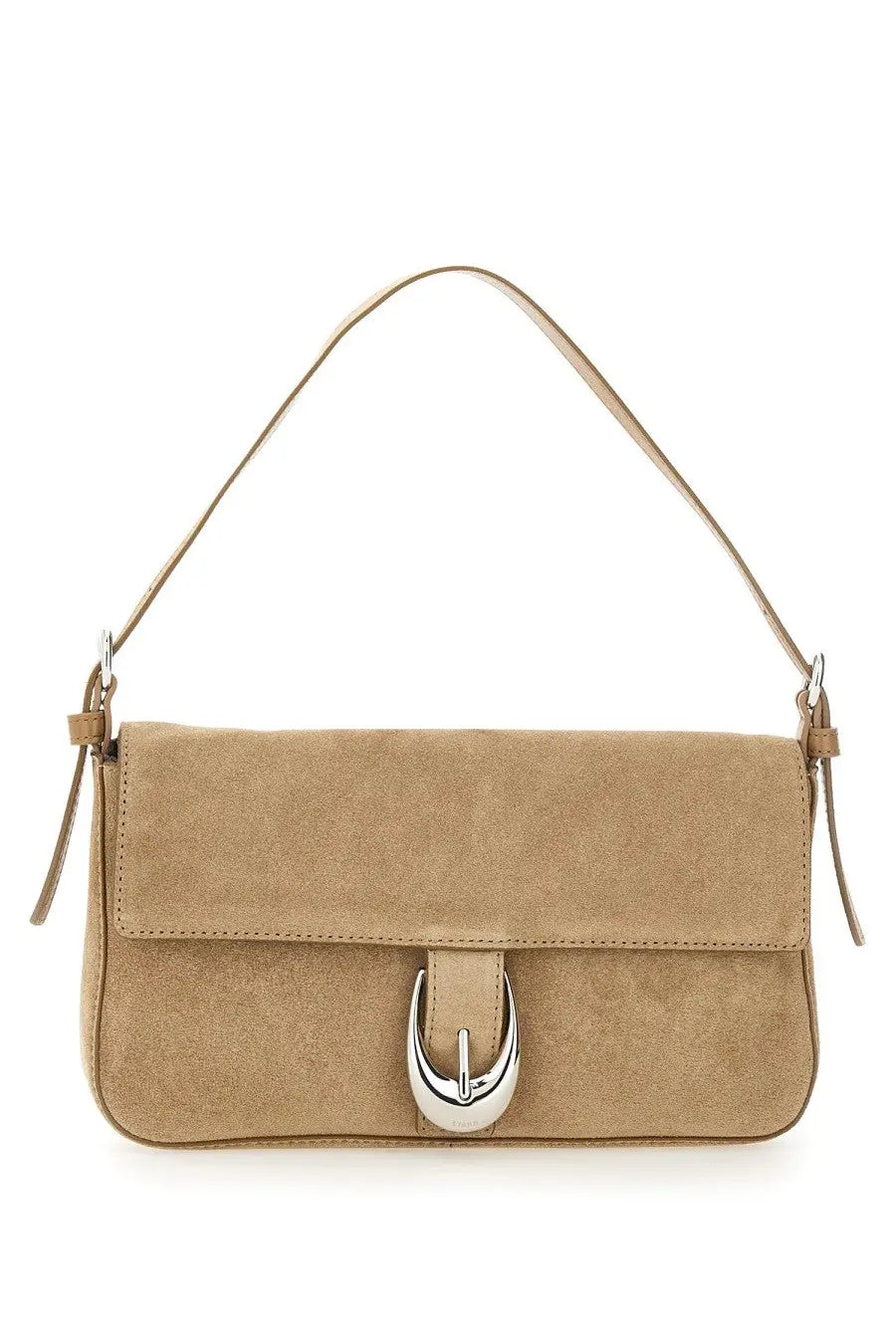 Staud women’s beige suede shoulder bag harlow with silver-toned buckle clasp and matching strap