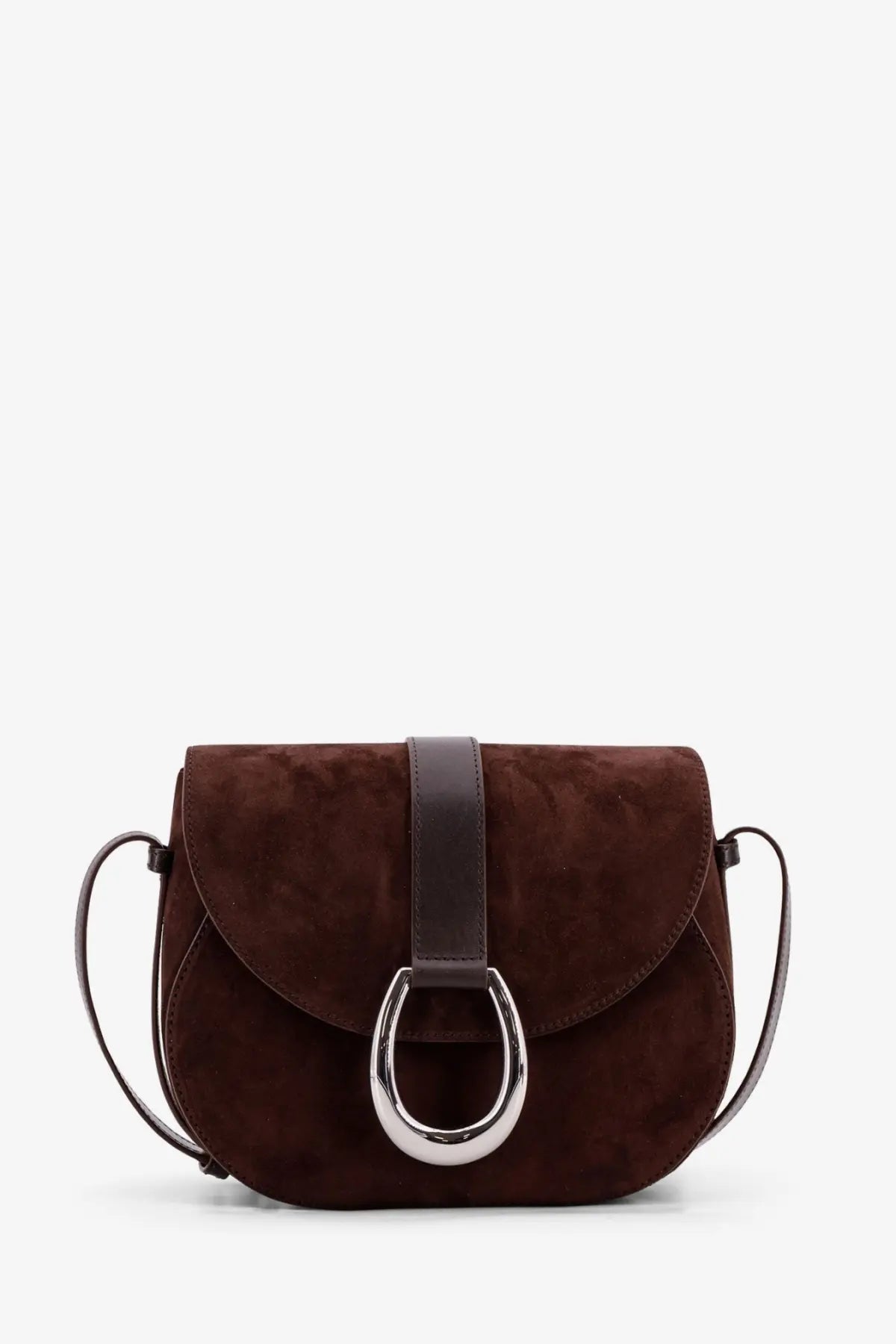Staud women’s bella saddle brown suede crossbody bag with dark brown leather strap and silver metal ring closure