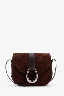 Staud women’s Bella saddle crossbody bag in brown suede with dark brown leather strap and silver ring closure