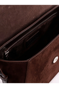 Staud women’s bella saddle brown suede crossbody bag with silver button closure and zipper lining