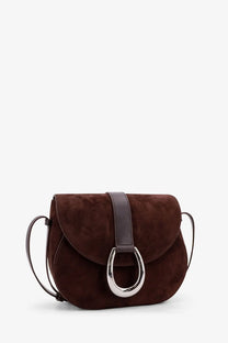 Staud women’s bella saddle brown suede crossbody bag with silver metal ring clasp and dark brown leather strap
