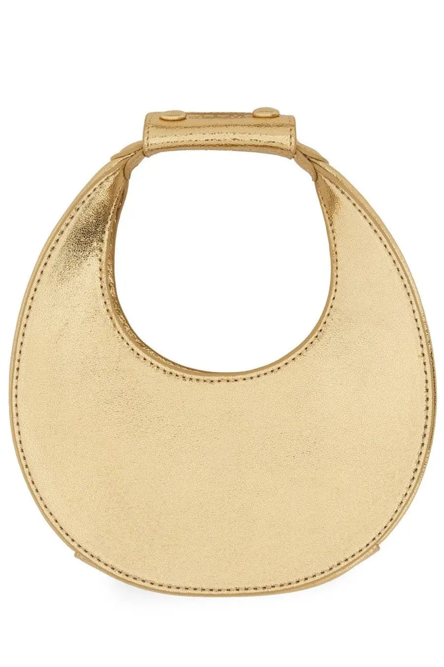 Staud women’s borsa goodnight moon gold handbag in gold metallic leather with circular handle and stitched edges