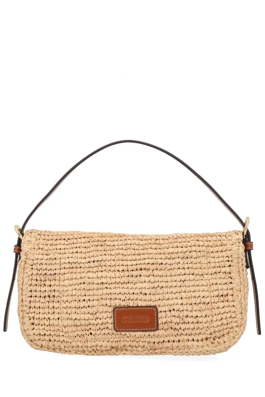 Staud women’s borsa harlow beige woven straw handbag with black leather handles and brown leather brand plaque