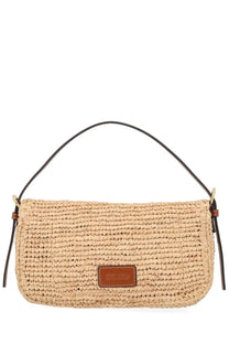 Staud women’s borsa harlow beige woven straw handbag with black leather handles and brown leather brand plaque