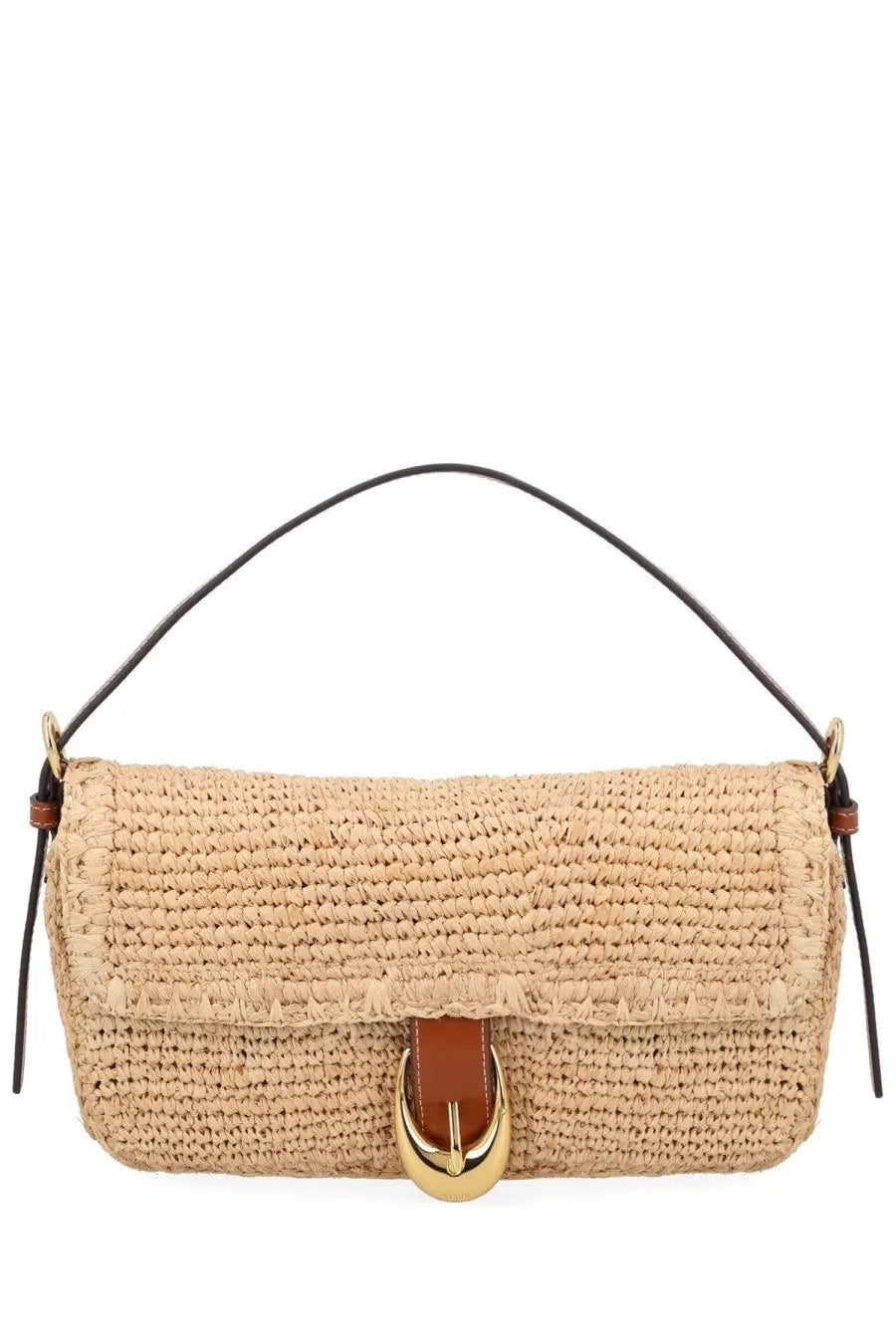 Staud women’s borsa harlow beige woven straw handbag with black leather handle and gold-tone buckle accent