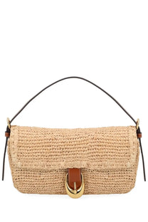 Staud women’s borsa harlow beige woven straw handbag with black leather handle and gold-tone buckle accent