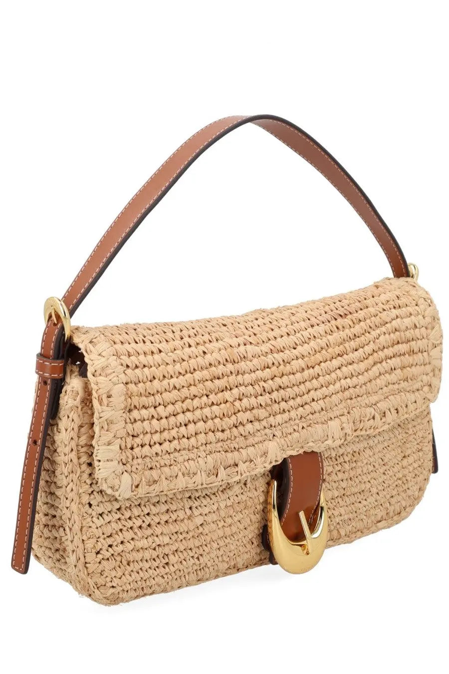 Beige woven straw handbag with brown leather handle and gold-tone buckle by Staud women’s borsa Harlow