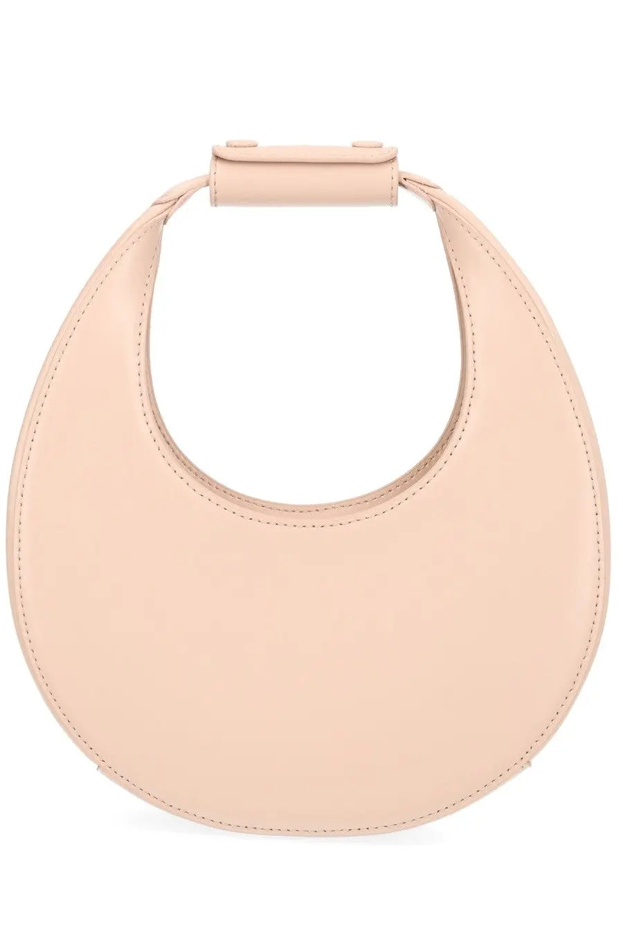 A sleek blush-pink leather handbag with a minimalist circular design and top handle by Staud Women’s Borsa Moon Mini Pink