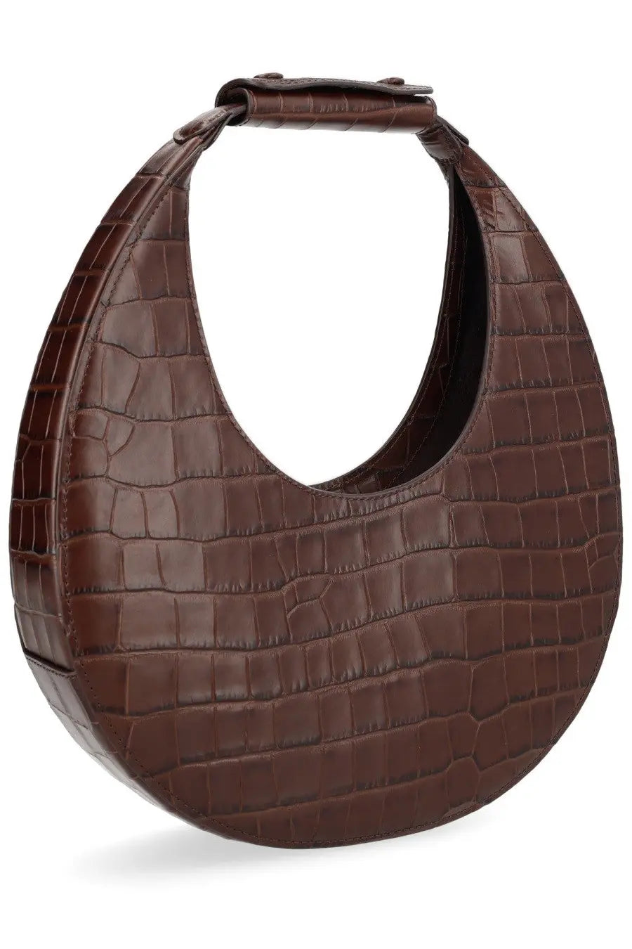 Staud women’s borsa moon tote brown crescent-shaped handbag in brown crocodile-embossed leather with top handle