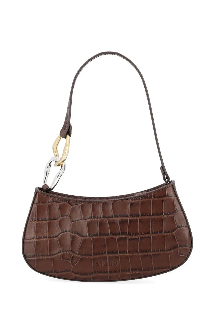 Brown crocodile-embossed leather handbag with gold and silver-toned chain link handle staud womens borsa ollie brown