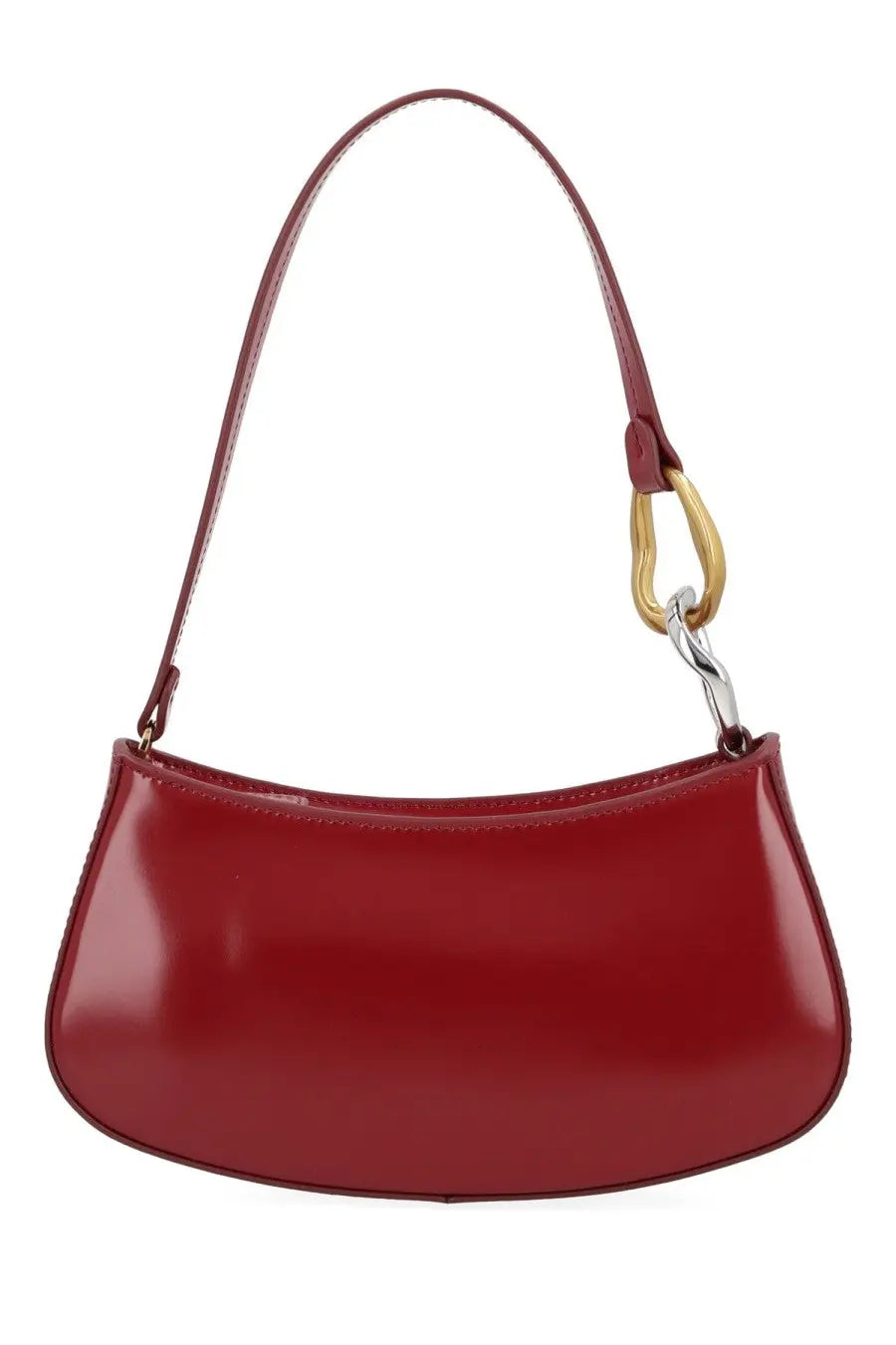 Staud womens borsa ollie red glossy red leather handbag with curved silhouette and gold tone metal clasp