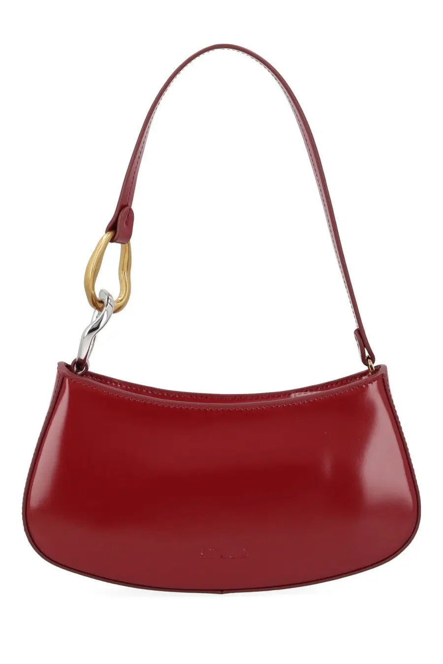 Staud women’s borsa ollie red sleek glossy leather handbag with curved silhouette and gold-tone metal clasp