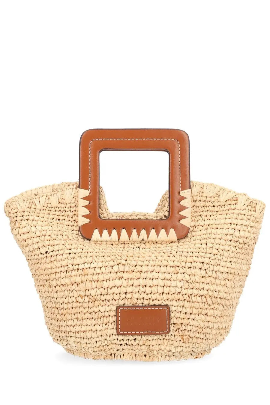 Staud womens borsa shirley mini beige beige woven straw tote bag with square brown leather handle and matching leather patch