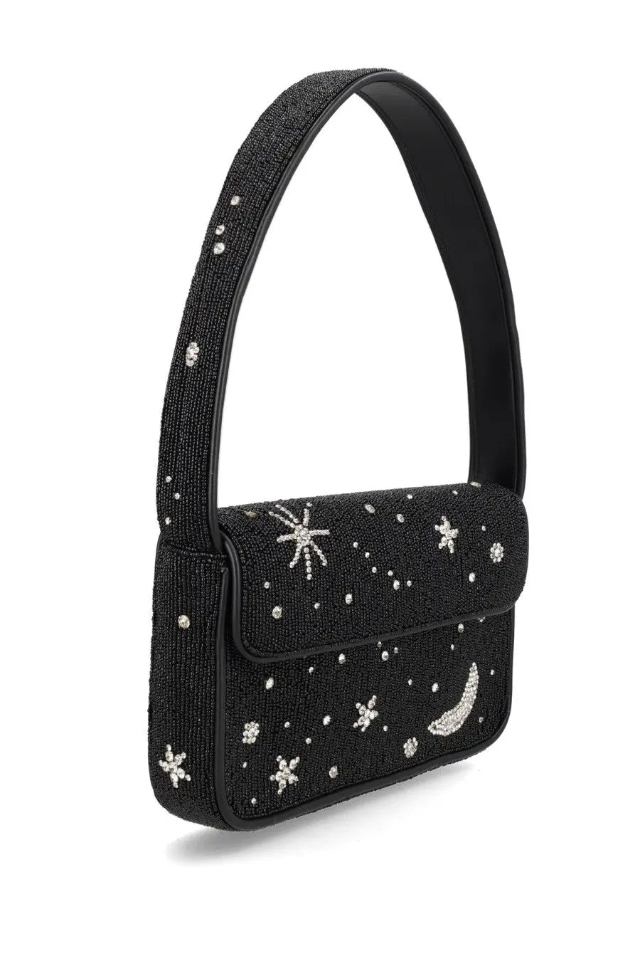 Staud women’s borsa tommy black beaded handbag with silver star and crescent moon embellishments