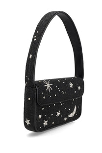 Staud women’s borsa tommy black beaded handbag with silver star and crescent moon embellishments