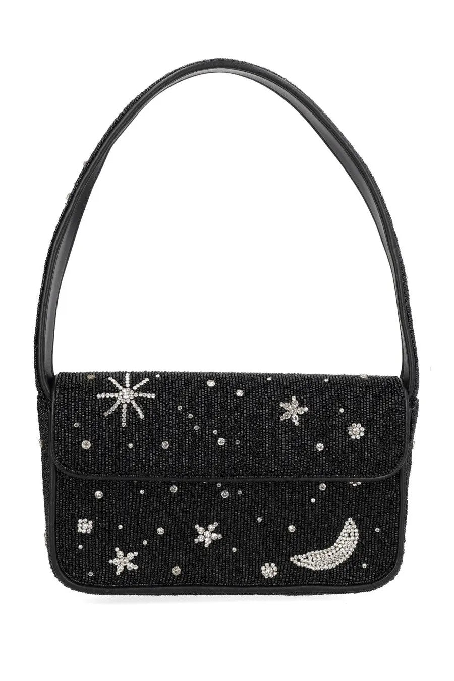 Black beaded Staud women’s borsa Tommy handbag with silver star and crescent moon embellishments