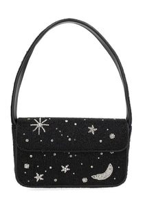 Black beaded Staud women’s borsa Tommy handbag with silver star and crescent moon embellishments