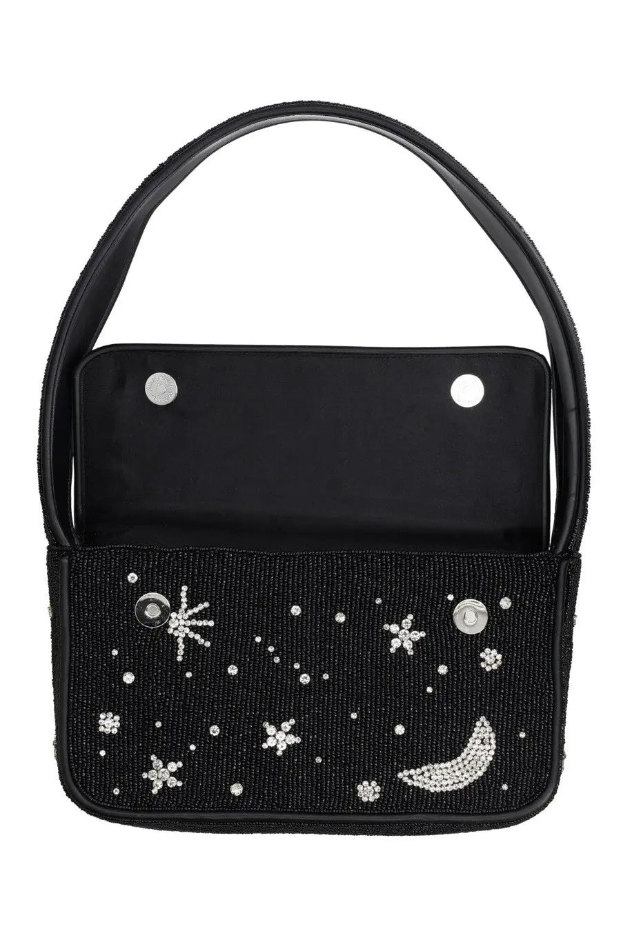 Staud womens borsa tommy black beaded handbag with silver rhinestone stars and crescent moon design