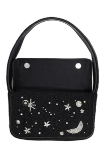 Staud womens borsa tommy black beaded handbag with silver rhinestone stars and crescent moon design