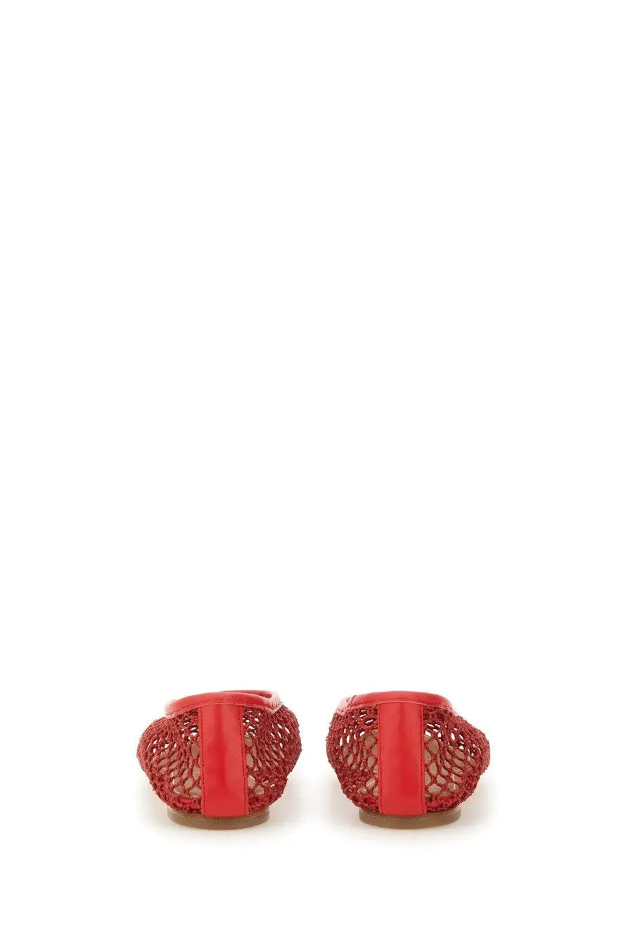 Staud women’s dancer alba red mesh ballet flats with glossy finish and solid red heel straps viewed from the back