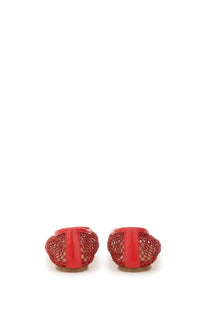 Staud women’s dancer alba red mesh ballet flats with glossy finish and solid red heel straps viewed from the back