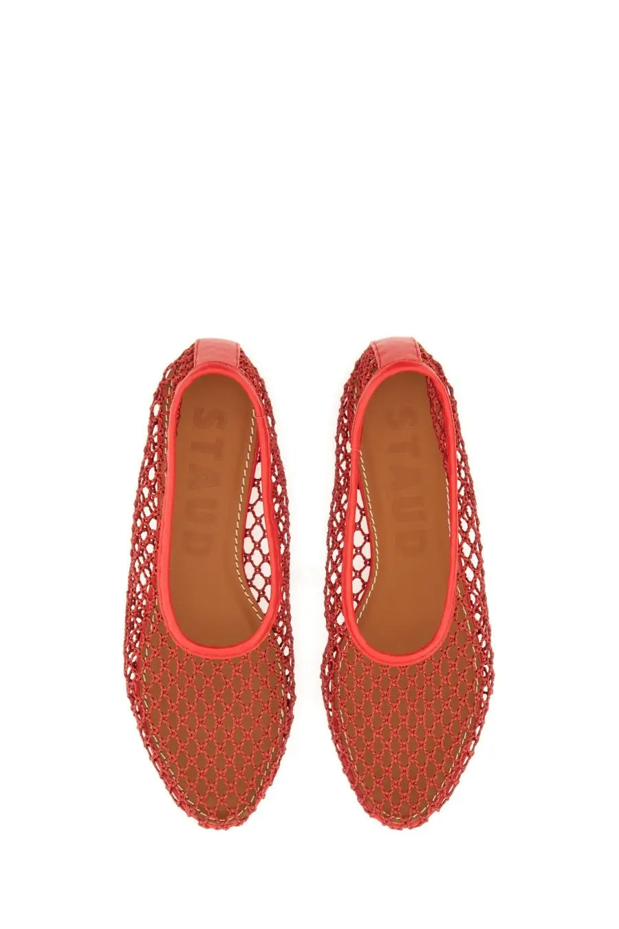 Staud women’s dancer alba red flats with red mesh open-knit design and contrasting orange trim