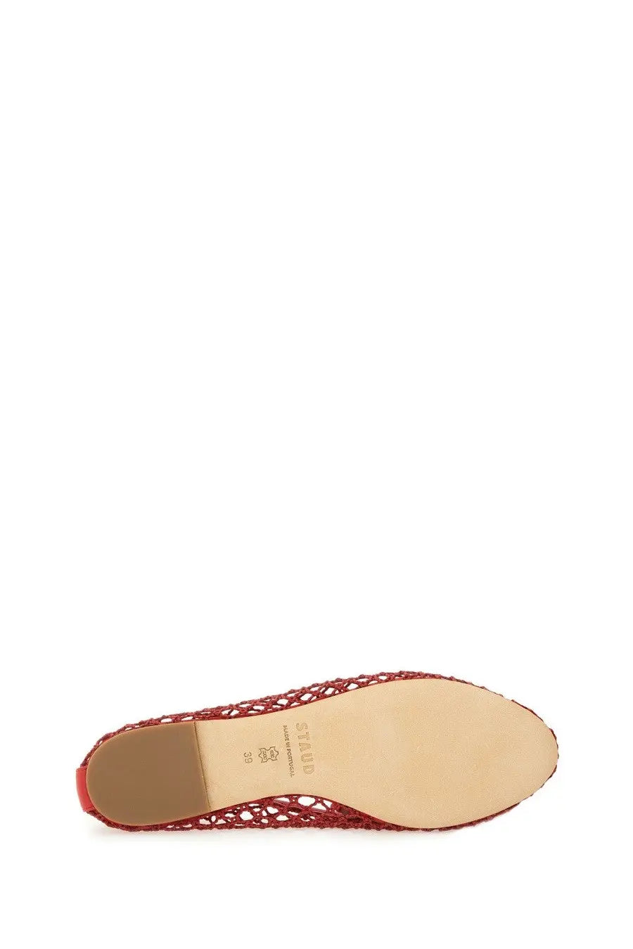 Staud women’s dancer alba red flat shoe with red woven openwork pattern and light beige insole