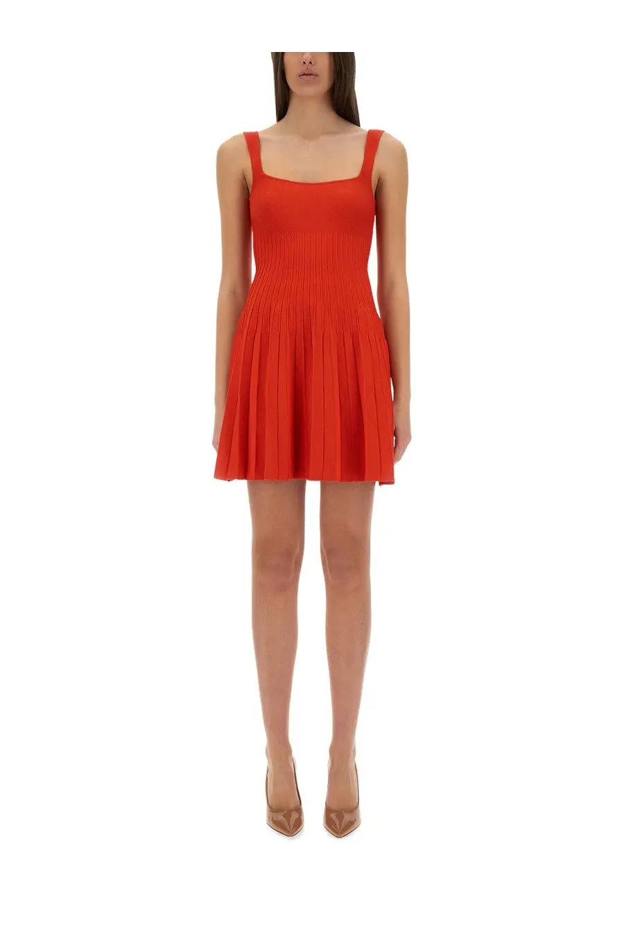 Staud women’s Ellison short dress in vibrant red ribbed knit with square neckline and pleated mini skirt