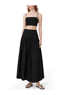 Staud women’s gonna Procida black high-waisted maxi skirt with gathered waistband and flowing pleated fabric
