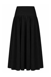 Staud women’s gonna procida black high-waisted midi skirt with gathered waistband and flowing straight-cut silhouette