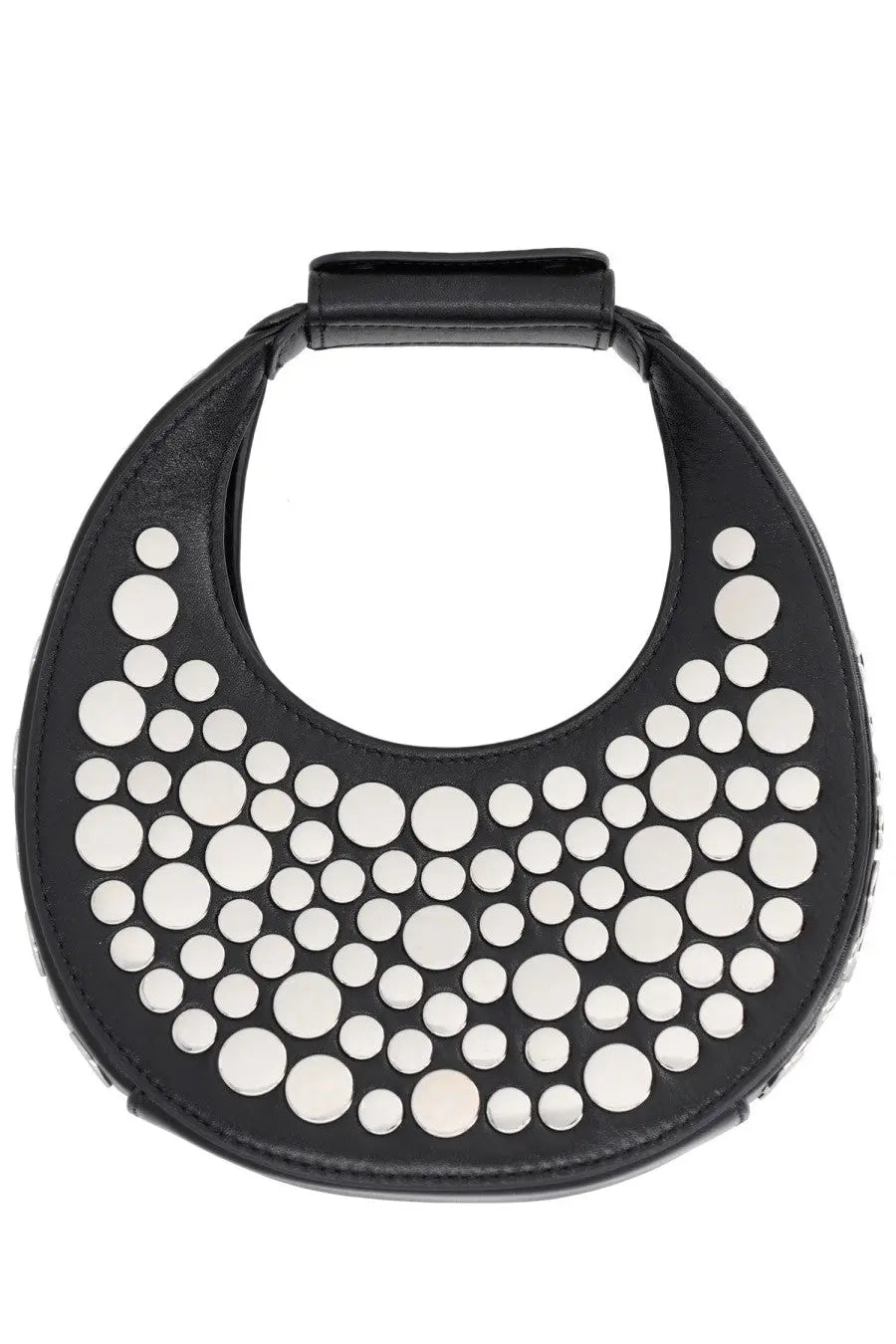 Staud women’s good night moon bag black is a circular black leather handbag with decorative white circular studs