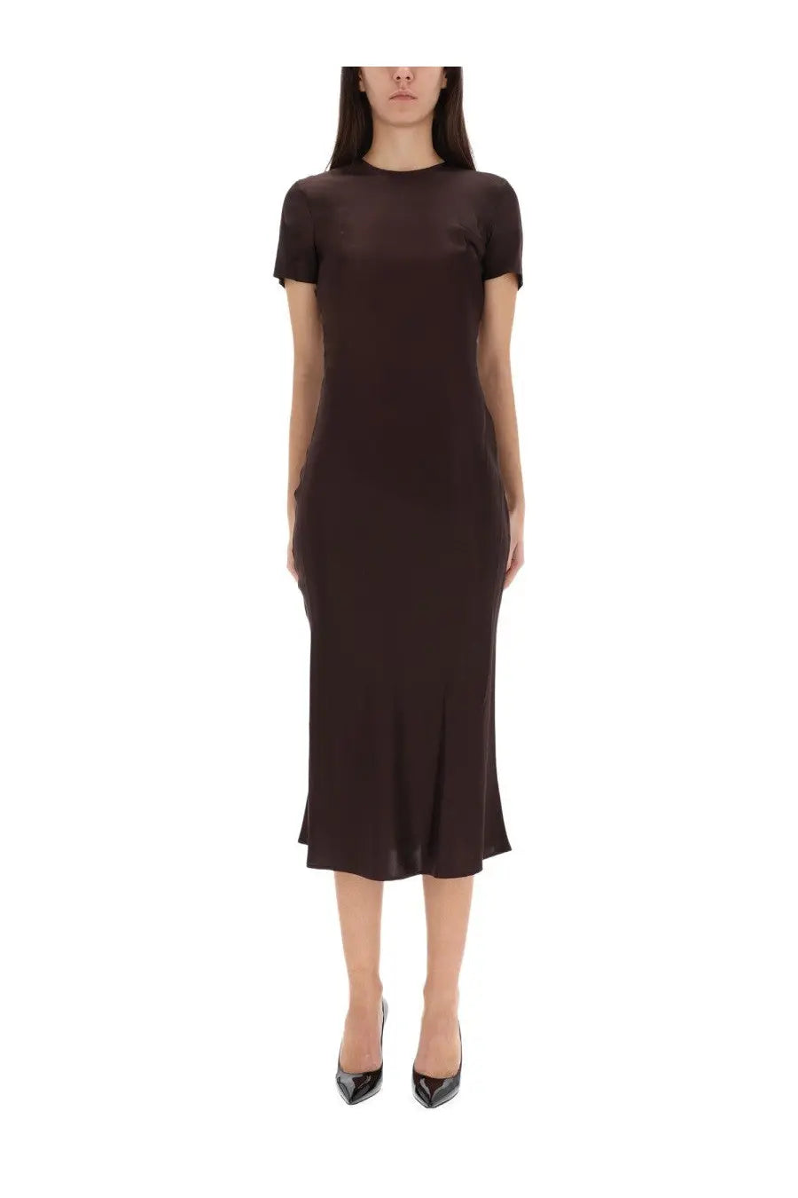 A sleek dark brown staud women’s Marcel midi dress with short sleeves and subtle sheen in smooth fabric