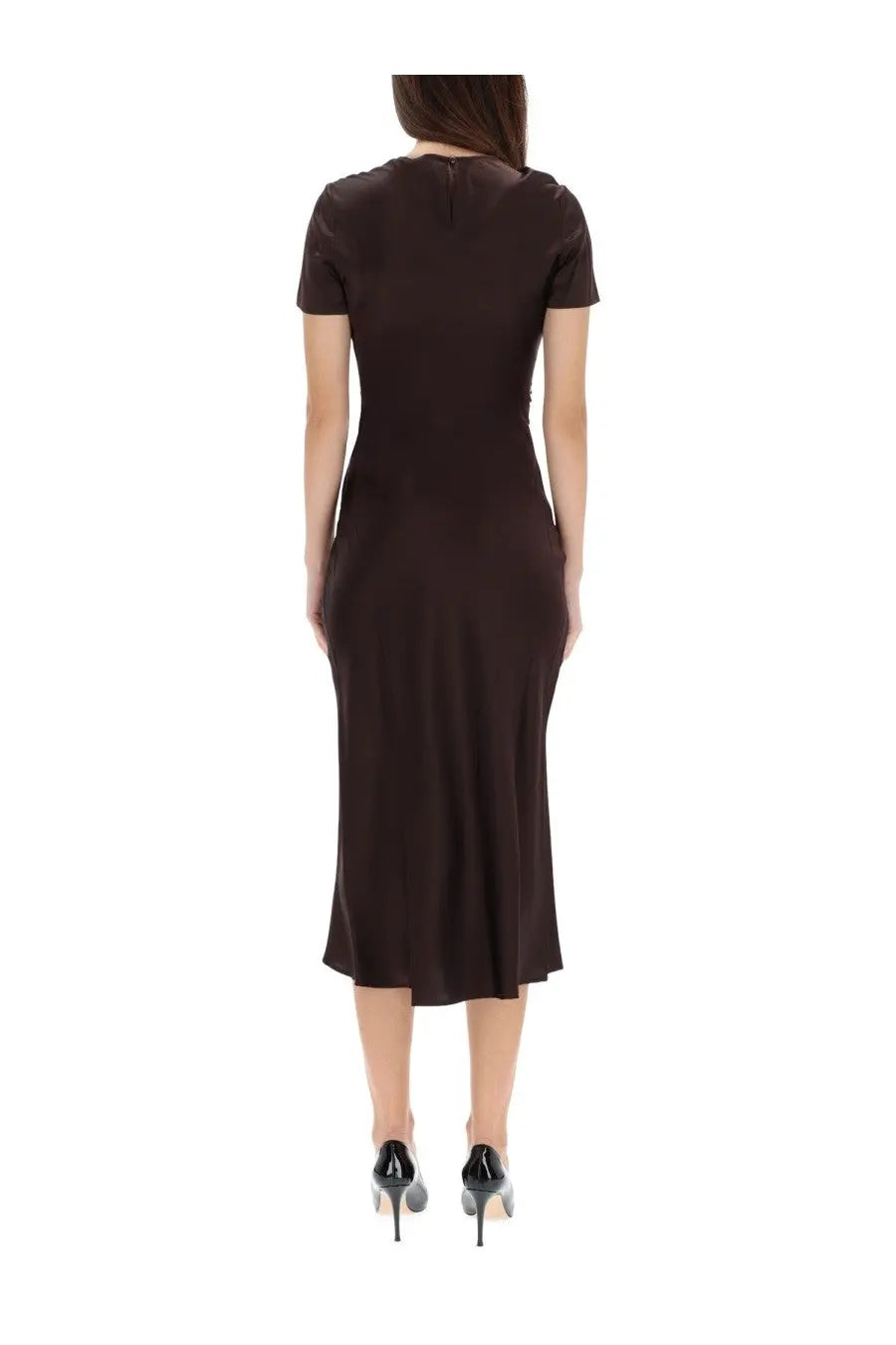 A sleek dark brown fitted midi dress with short sleeves from Staud womens Marcel collection