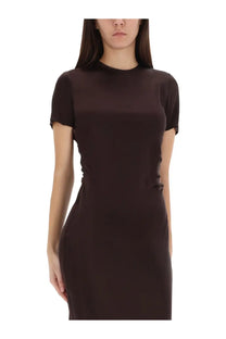 A sleek dark brown satin Staud women’s Marcel midi dress with short sleeves and a high neckline