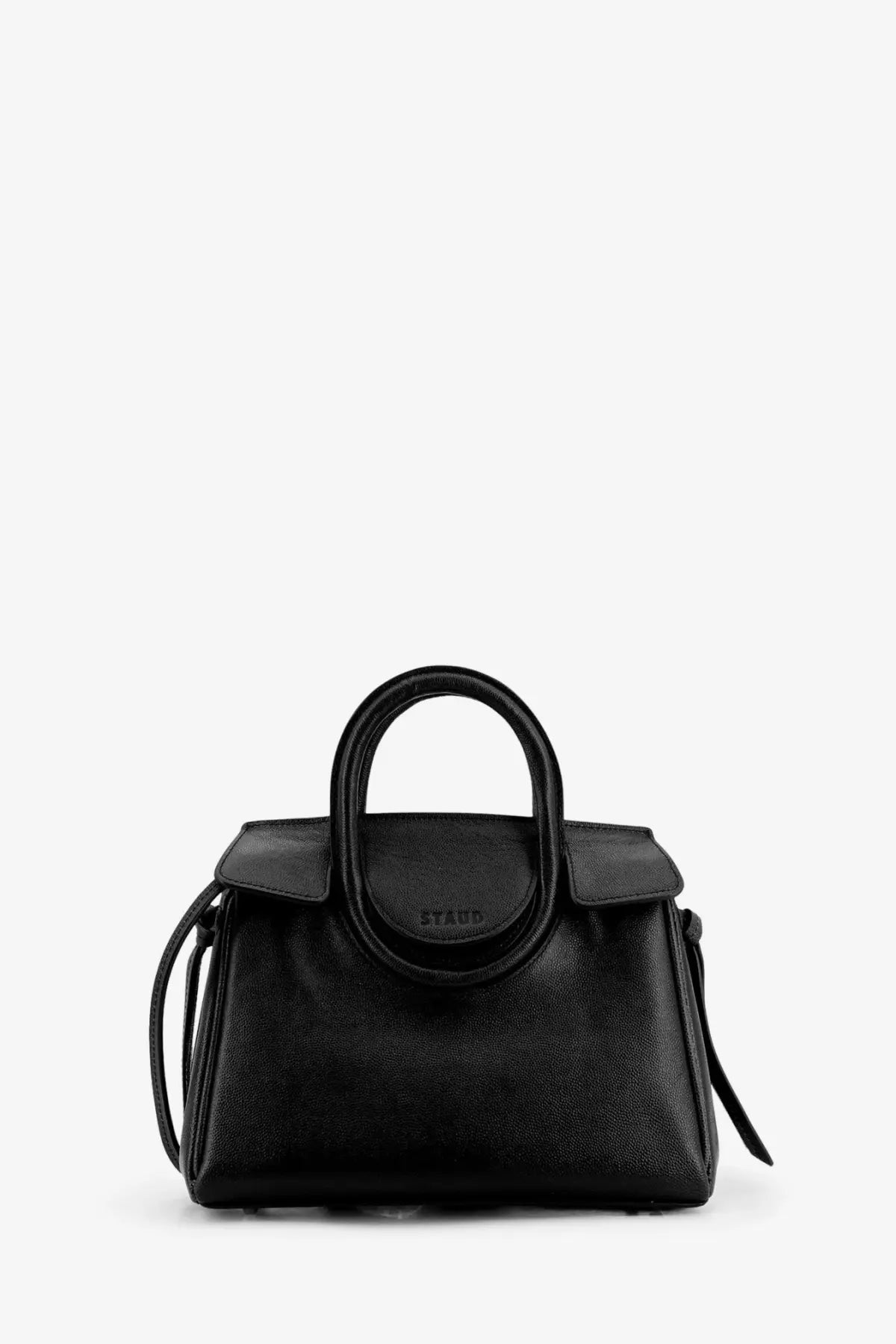 Black leather handbag with rounded top handles and minimalist design from Staud Women’s Maude collection