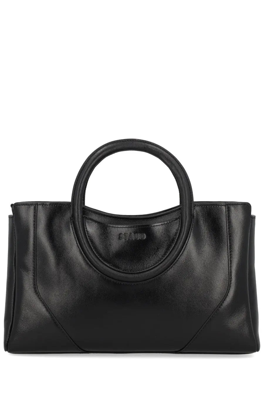 Staud women’s Maude mini satchel bag black crafted from black leather with circular top handle and minimalist design