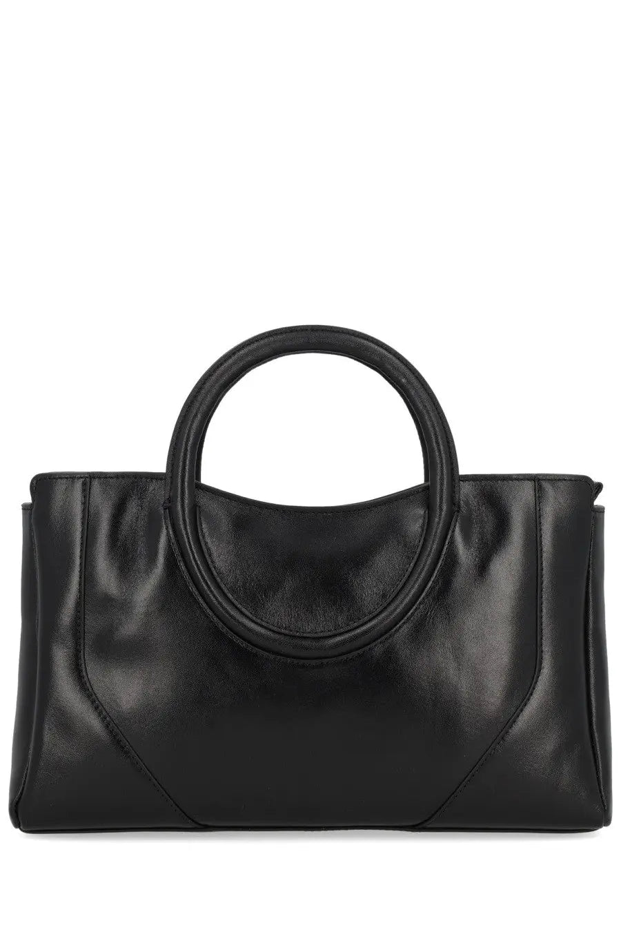 Black leather tote bag with circular handle from Staud womens Maude mini satchel bag collection in black