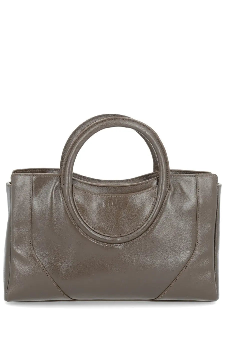 A sleek taupe leather tote bag with rounded top handles and minimalist design from Staud women’s Maude mini satchel bag brown