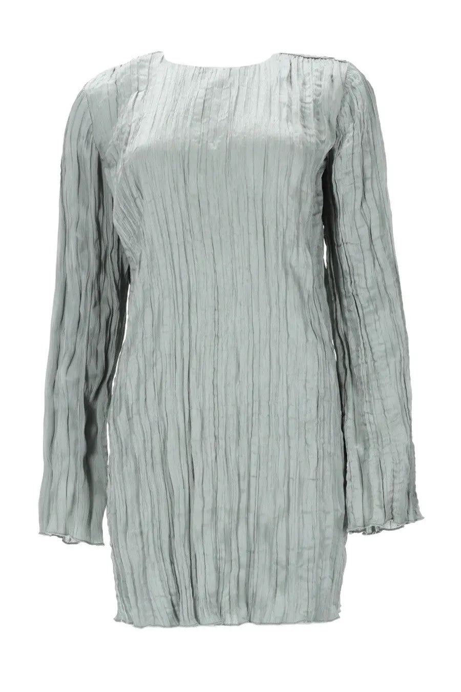 Staud women’s mini abito kona silver light gray long-sleeved dress with textured pleated fabric that drapes elegantly