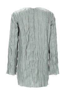 Staud women’s mini abito kona silver light gray long-sleeved top with textured vertically pleated fabric