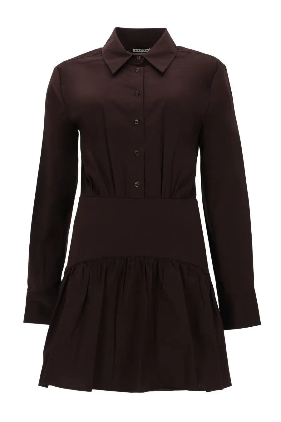Staud women’s mini abito rocco brown sleek dark brown button-down dress with tailored collar and flared skirt