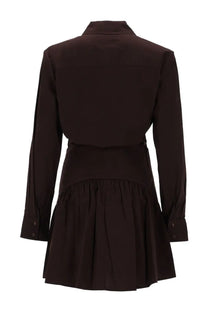 Staud women’s mini abito rocco brown satin blouse dress with tailored collar and long sleeves