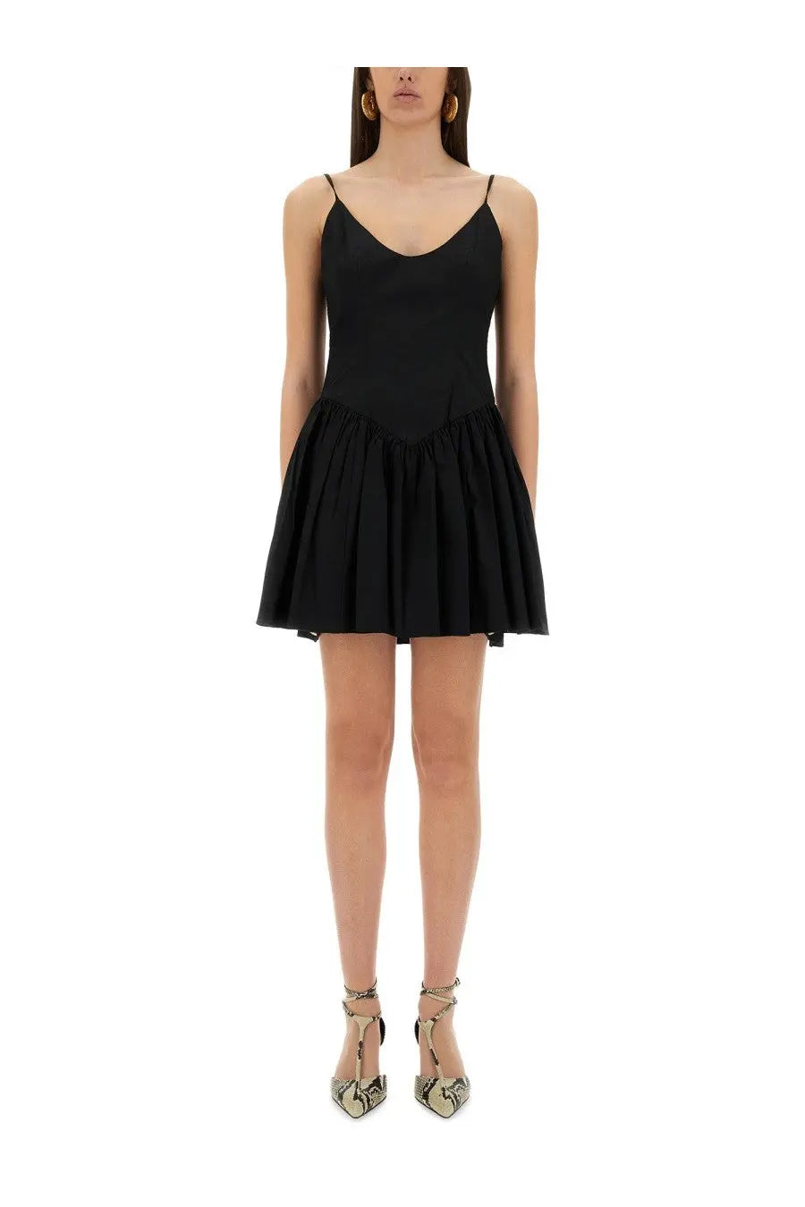 Black sleeveless mini dress with fitted bodice and flared skirt by staud womens mini dress dena black