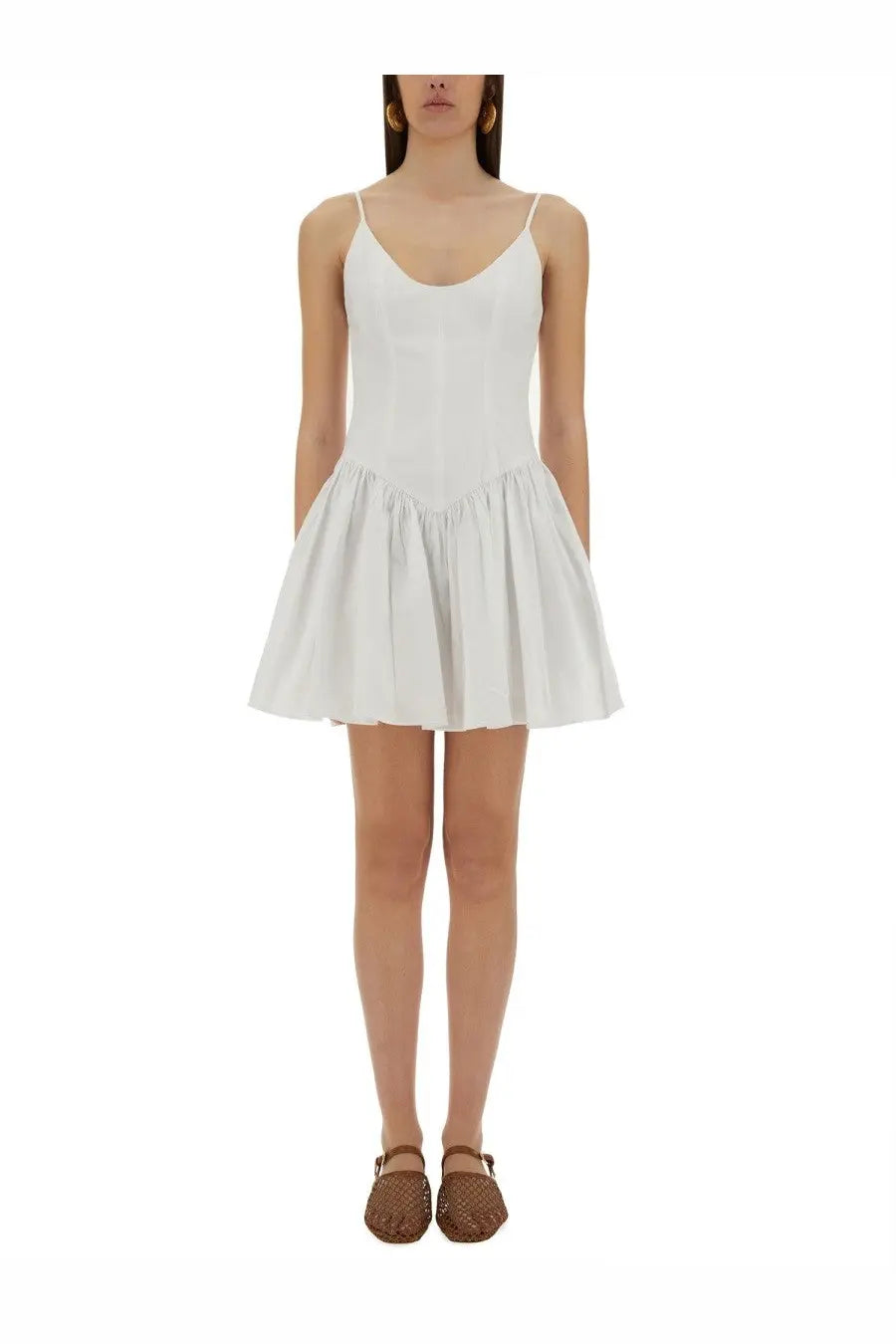 Staud women’s white mini dress dena with thin spaghetti straps and a flared sleeveless skirt