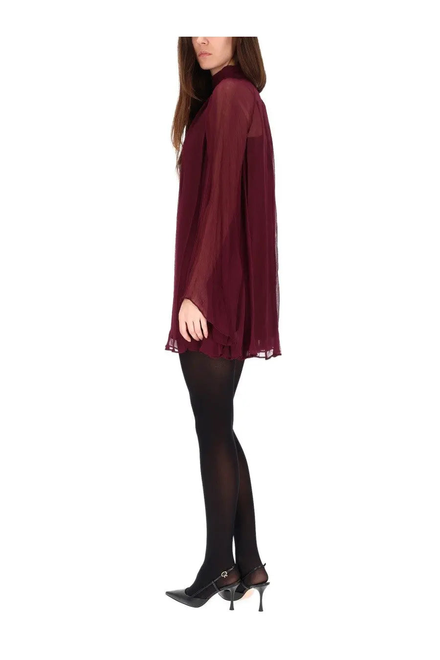 Staud women’s mini dress esther red in flowing maroon sheer chiffon with high neckline and flared sleeves