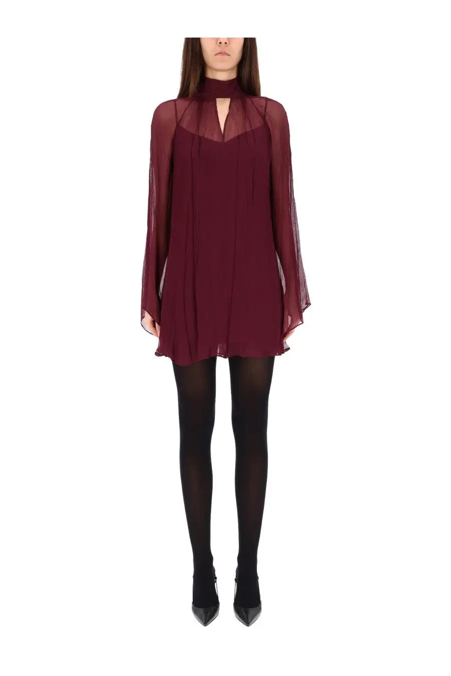 Staud women’s mini dress esther red sheer burgundy chiffon with high neckline and long sleeves
