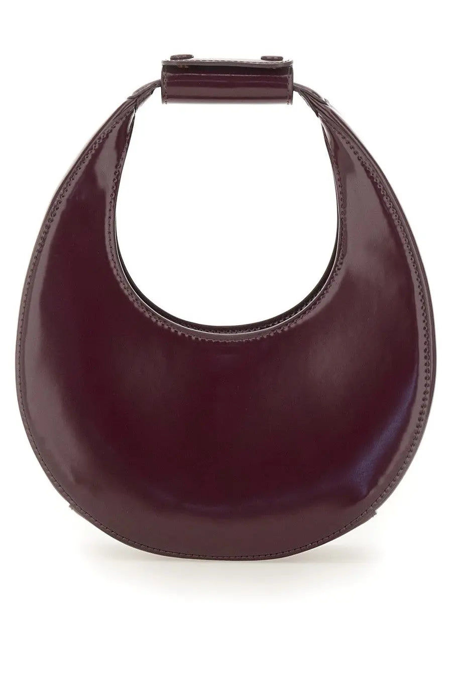 A sleek burgundy leather staud women’s mini moon bag with a minimalist crescent shape and top handle