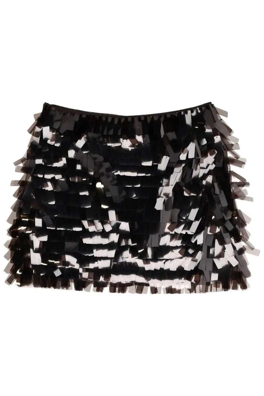 Staud women’s miniskirt max brown black and white sequined mini skirt with layered fringe detailing